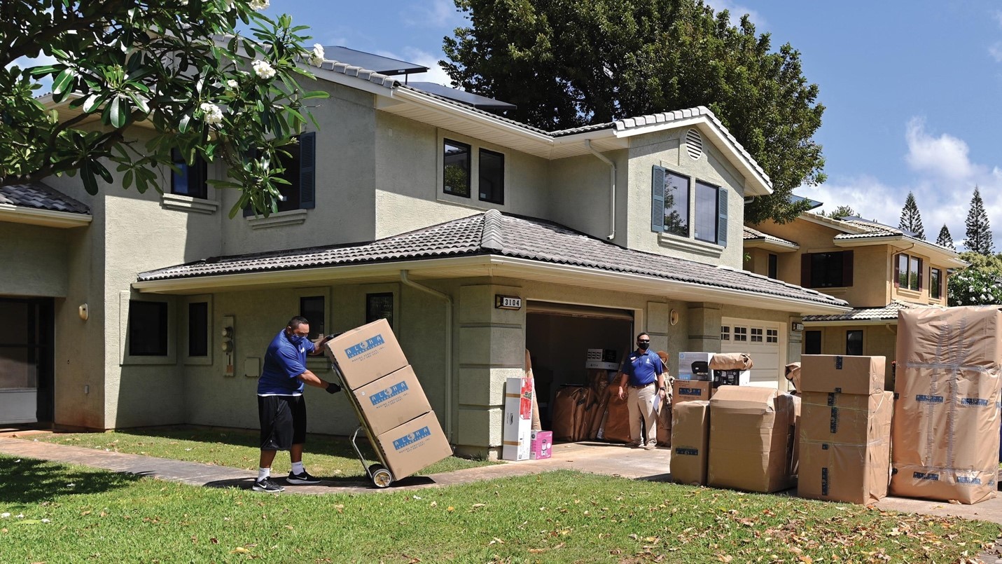 moving men with protective face masks